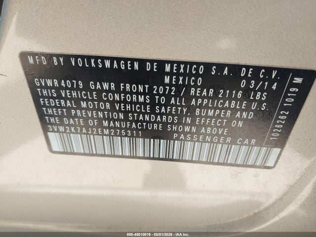45010019 :رقم المزاد ، 3VW2K7AJ2EM275311 vin ، 2014 Volkswagen Jetta 2.0l S مزاد بيع