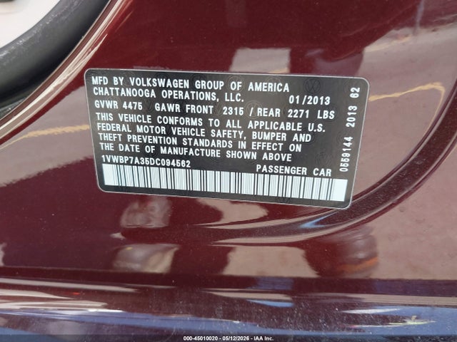 Продажа на аукционе авто 2013 Volkswagen Passat 2.5l Se, vin: 1VWBP7A35DC094562, номер лота: 45010020