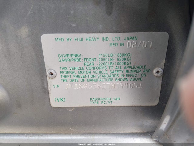 Aukcja sprzedaży 2007 Subaru Forester 2.5x, vin: JF1SG63607H744061, numer aukcji: 45010022