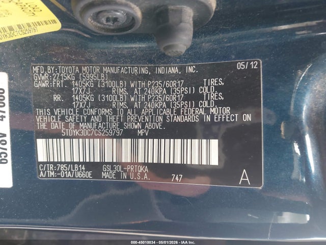 Aukcja sprzedaży 2012 Toyota Sienna Xle V6 8 Passenger, vin: 5TDYK3DC7CS259797, numer aukcji: 45010034