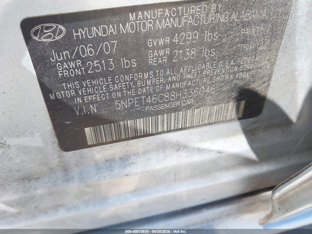 2008 Hyundai Sonata Gls მანქანა იყიდება აუქციონზე, vin: 5NPET46C88H336046, აუქციონის ნომერი: 45010035