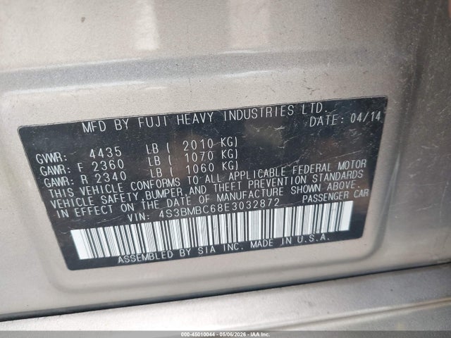 2014 Subaru Legacy 2.5i Premium მანქანა იყიდება აუქციონზე, vin: 4S3BMBC68E3032872, აუქციონის ნომერი: 45010044