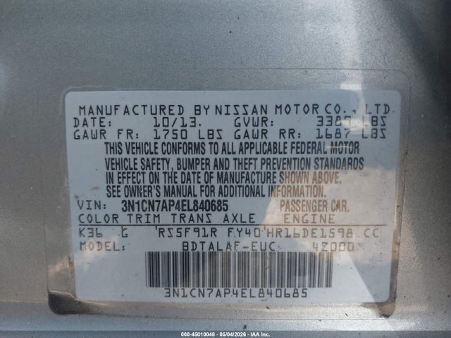Продаж на аукціоні авто 2014 Nissan Versa 1.6 S, vin: 3N1CN7AP4EL840685, номер лоту: 45010048
