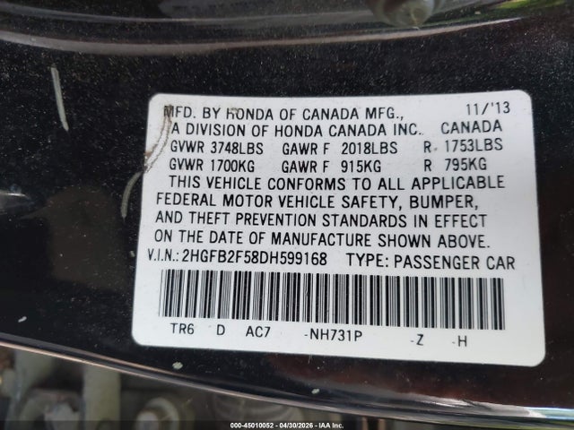 Aukcja sprzedaży 2013 Honda Civic Lx, vin: 2HGFB2F58DH599168, numer aukcji: 45010052