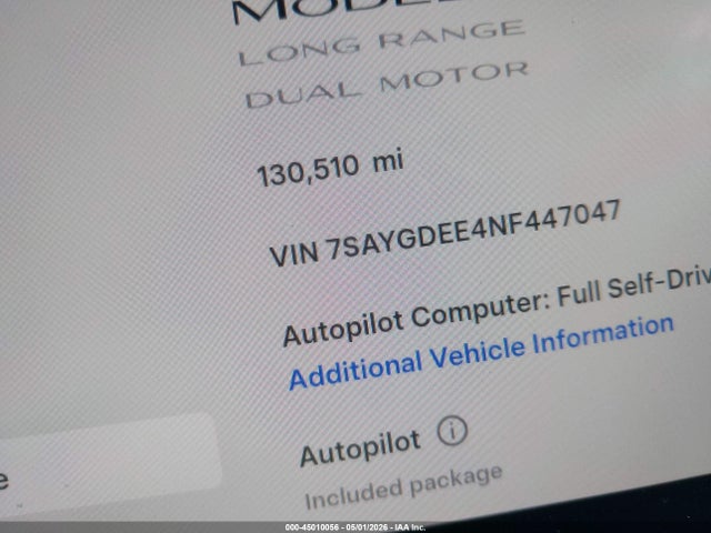 2022 Tesla Model Y Long Range Dual Motor All-wheel Drive მანქანა იყიდება აუქციონზე, vin: 7SAYGDEE4NF447047, აუქციონის ნომერი: 45010056