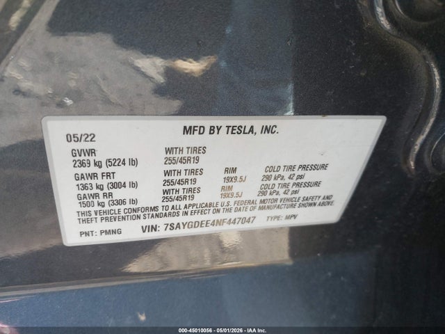 2022 Tesla Model Y Long Range Dual Motor All-wheel Drive მანქანა იყიდება აუქციონზე, vin: 7SAYGDEE4NF447047, აუქციონის ნომერი: 45010056