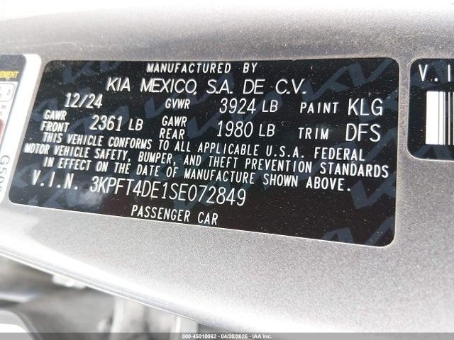 Продаж на аукціоні авто 2025 Kia K4 Lxs, vin: 3KPFT4DE1SE072849, номер лоту: 45010062