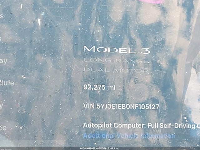 Aukcja sprzedaży 2022 Tesla Model 3 Long Range Dual Motor All-wheel Drive, vin: 5YJ3E1EB0NF105127, numer aukcji: 45010067