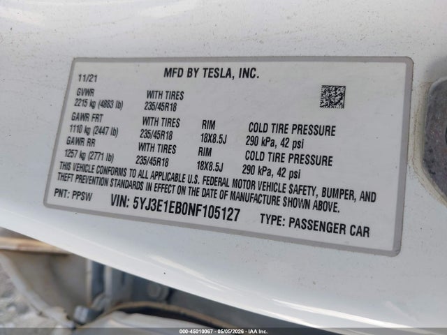 Aukcja sprzedaży 2022 Tesla Model 3 Long Range Dual Motor All-wheel Drive, vin: 5YJ3E1EB0NF105127, numer aukcji: 45010067