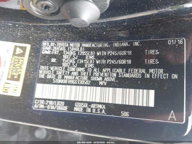 5TDKKRFH9GS130502 Toyota Highlander Xle V6