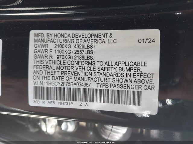 Aukcja sprzedaży 2024 Honda Accord Hybrid Sport-l, vin: 1HGCY2F75RA034367, numer aukcji: 45010100