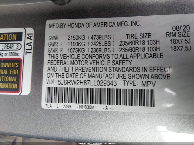 Продаж на аукціоні авто 2020 Honda Cr-v Awd Ex-l, vin: 5J6RW2H87LL029343, номер лоту: 45010102