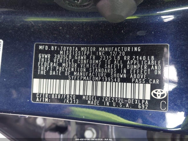 Aukcja sprzedaży 2021 Toyota Corolla Le, vin: 5YFEPMAE0MP199548, numer aukcji: 45010106