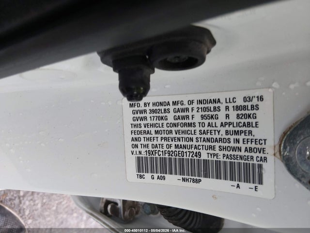 45010112 :رقم المزاد ، 19XFC1F92GE017249 vin ، 2016 Honda Civic Touring مزاد بيع