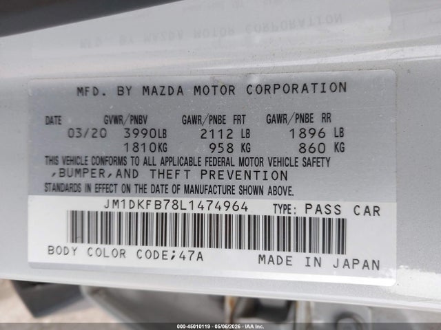 45010119 :رقم المزاد ، JM1DKFB78L1474964 vin ، 2020 Mazda Cx-3 Sport مزاد بيع