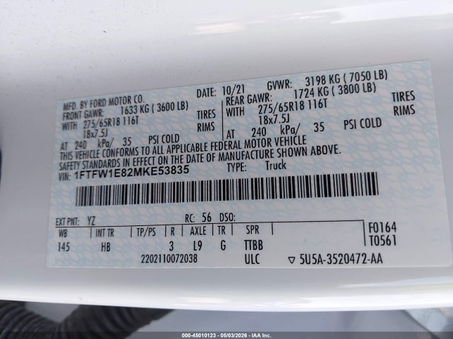 45010123 :رقم المزاد ، 1FTFW1E82MKE53835 vin ، 2021 Ford F-150 Lariat مزاد بيع