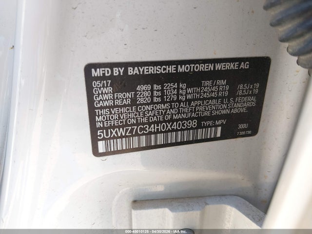 5UXWZ7C34H0X40398 BMW X3 Sdrive28i