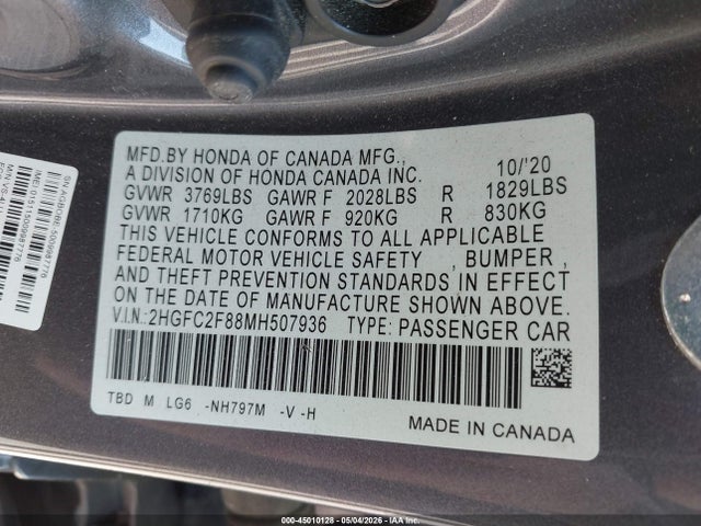 45010128 :رقم المزاد ، 2HGFC2F88MH507936 vin ، 2021 Honda Civic Sport مزاد بيع