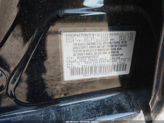 2019 Nissan Sentra Sv მანქანა იყიდება აუქციონზე, vin: 3N1AB7AP4KY240747, აუქციონის ნომერი: 45010134
