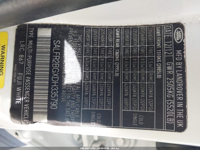 45010154 :رقم المزاد ، SALFR2BGXDH335790 vin ، 2013 Land Rover Lr2 مزاد بيع