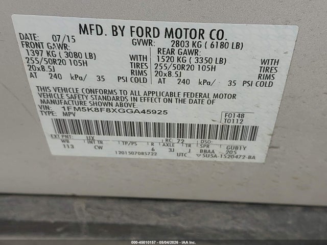 45010157 :رقم المزاد ، 1FM5K8F8XGGA45925 vin ، 2016 Ford Explorer Limited مزاد بيع