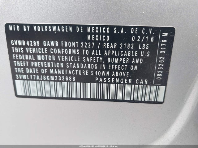 45010160 :رقم المزاد ، 3VWL17AJ8GM333688 vin ، 2016 Volkswagen Jetta 1.8t Sel مزاد بيع
