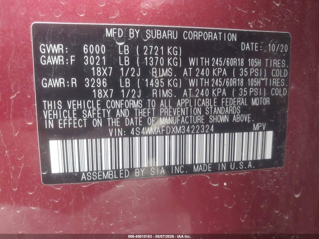 2021 Subaru Ascent Premium მანქანა იყიდება აუქციონზე, vin: 4S4WMAFDXM3422324, აუქციონის ნომერი: 45010163