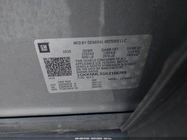 45010165 :رقم المزاد ، 1GKKNMLS1KZ166769 vin ، 2019 Gmc Acadia Slt-1 مزاد بيع