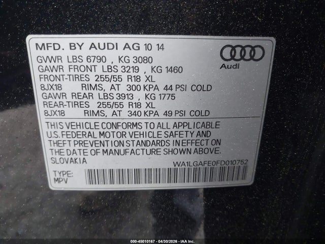 Aukcja sprzedaży 2015 Audi Q7 3.0t Premium, vin: WA1LGAFE0FD010752, numer aukcji: 45010167