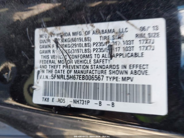 Aukcja sprzedaży 2014 Honda Odyssey Ex-l, vin: 5FNRL5H67EB006567, numer aukcji: 45010172
