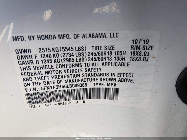 Aukcja sprzedaży 2020 Honda Pilot 2wd Ex-l, vin: 5FNYF5H56LB009385, numer aukcji: 45010173