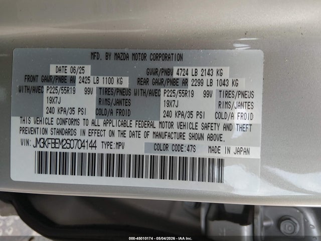 Продажа на аукционе авто 2025 Mazda Cx-5 2.5 S Premium Plus, vin: JM3KFBEM2S0704144, номер лота: 45010174