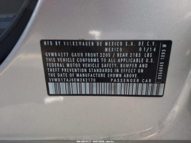 45010177 :رقم المزاد ، 3VWD17AJ6EM262170 vin ، 2014 Volkswagen Jetta 1.8t Se مزاد بيع