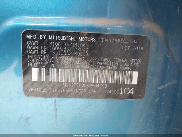 Aukcja sprzedaży 2019 Mitsubishi Mirage G4 Es, vin: ML32F3FJ0KHF04793, numer aukcji: 45010190