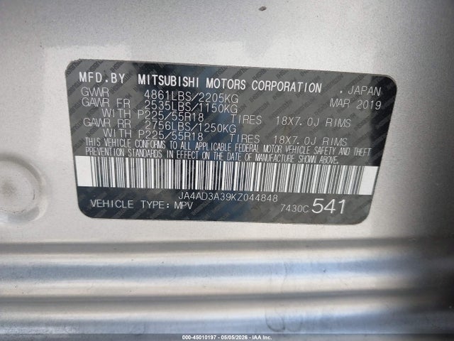 Aukcja sprzedaży 2019 Mitsubishi Outlander Se, vin: JA4AD3A39KZ044848, numer aukcji: 45010197