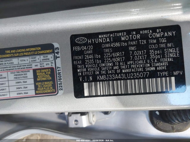 45010201 :رقم المزاد ، KM8J33A43LU235077 vin ، 2020 Hyundai Tucson Value مزاد بيع