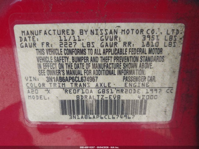 Aukcja sprzedaży 2012 Nissan Sentra 2.0 Sr, vin: 3N1AB6AP6CL674967, numer aukcji: 45010207