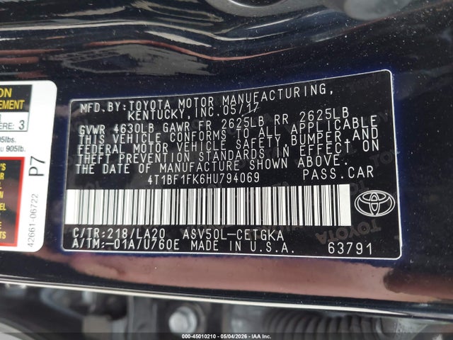 Продаж на аукціоні авто 2017 Toyota Camry Xle, vin: 4T1BF1FK6HU794069, номер лоту: 45010210