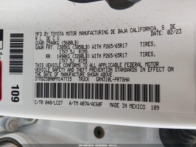Aukcja sprzedaży 2023 Toyota Tacoma Trd Sport, vin: 3TMDZ5BN0PM147715, numer aukcji: 45010219
