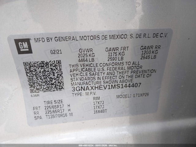 3GNAXHEV1MS144407 Chevrolet Equinox Fwd Ls