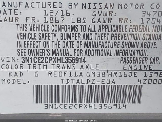 3N1CE2CPXHL356914 Nissan Versa Note Sv