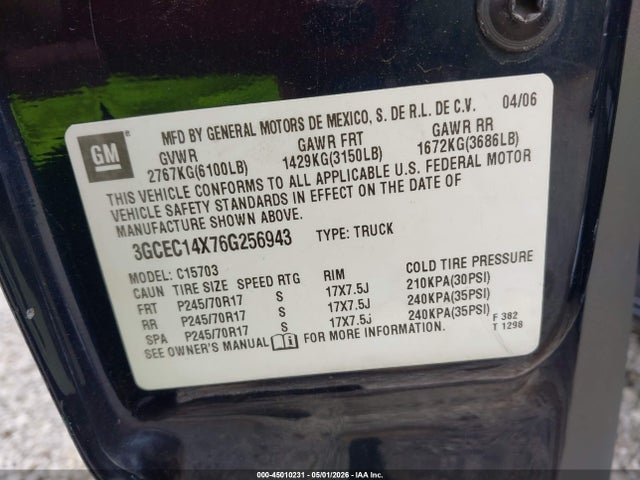 Продажа на аукционе авто 2006 Chevrolet Silverado 1500 Work Truck, vin: 3GCEC14X76G256943, номер лота: 45010231