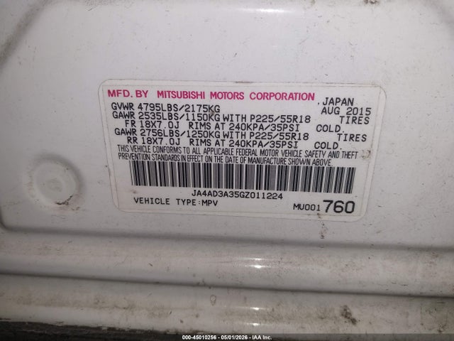 45010256 :رقم المزاد ، JA4AD3A35GZ011224 vin ، 2016 Mitsubishi Outlander Sel مزاد بيع