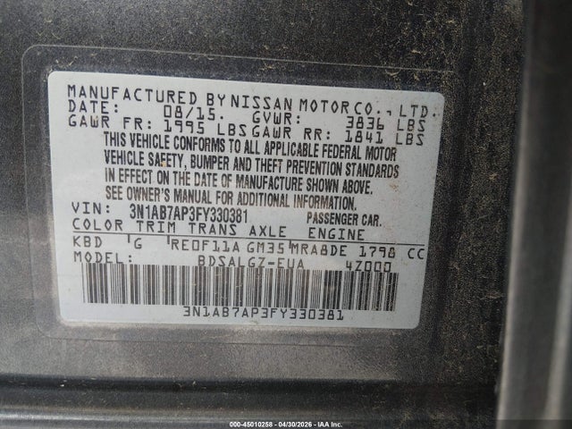 45010258 :رقم المزاد ، 3N1AB7AP3FY330381 vin ، 2015 Nissan Sentra Sl مزاد بيع