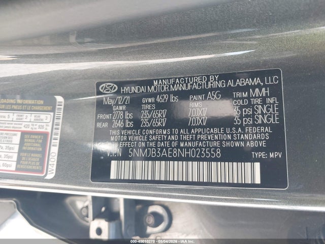 Aukcja sprzedaży 2022 Hyundai Tucson Sel, vin: 5NMJB3AE8NH023558, numer aukcji: 45010270