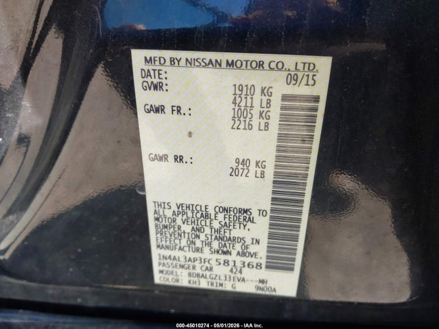 45010274 :رقم المزاد ، 1N4AL3AP3FC581368 vin ، 2015 Nissan Altima 2.5 S مزاد بيع