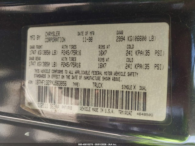 1999 Dodge Ram 1500 St მანქანა იყიდება აუქციონზე, vin: 1B7HF13Z3XJ563856, აუქციონის ნომერი: 45010278