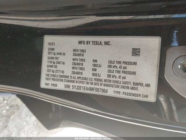 2021 Tesla Model 3 Standard Range Plus Rear-wheel Drive მანქანა იყიდება აუქციონზე, vin: 5YJ3E1EA4MF087964, აუქციონის ნომერი: 45010285