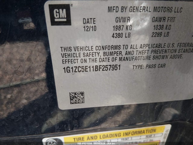 45010289 :رقم المزاد ، 1G1ZC5E11BF257951 vin ، 2011 Chevrolet Malibu 1lt مزاد بيع