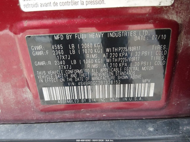 45010292 :رقم المزاد ، 4S4BRBGC2B1328152 vin ، 2011 Subaru Outback 2.5i Premium مزاد بيع